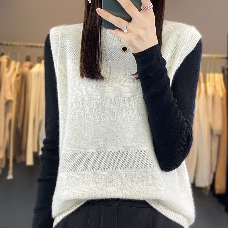 Women's Round Neck Knitted Pullover Cashmere Sweater Waistcoat Loose Wool Vest Slimming Vest