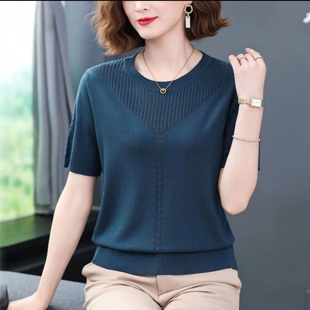 Womens Hollow-out Ice Silk Short Sleeve Round Neck Knitted Shirt