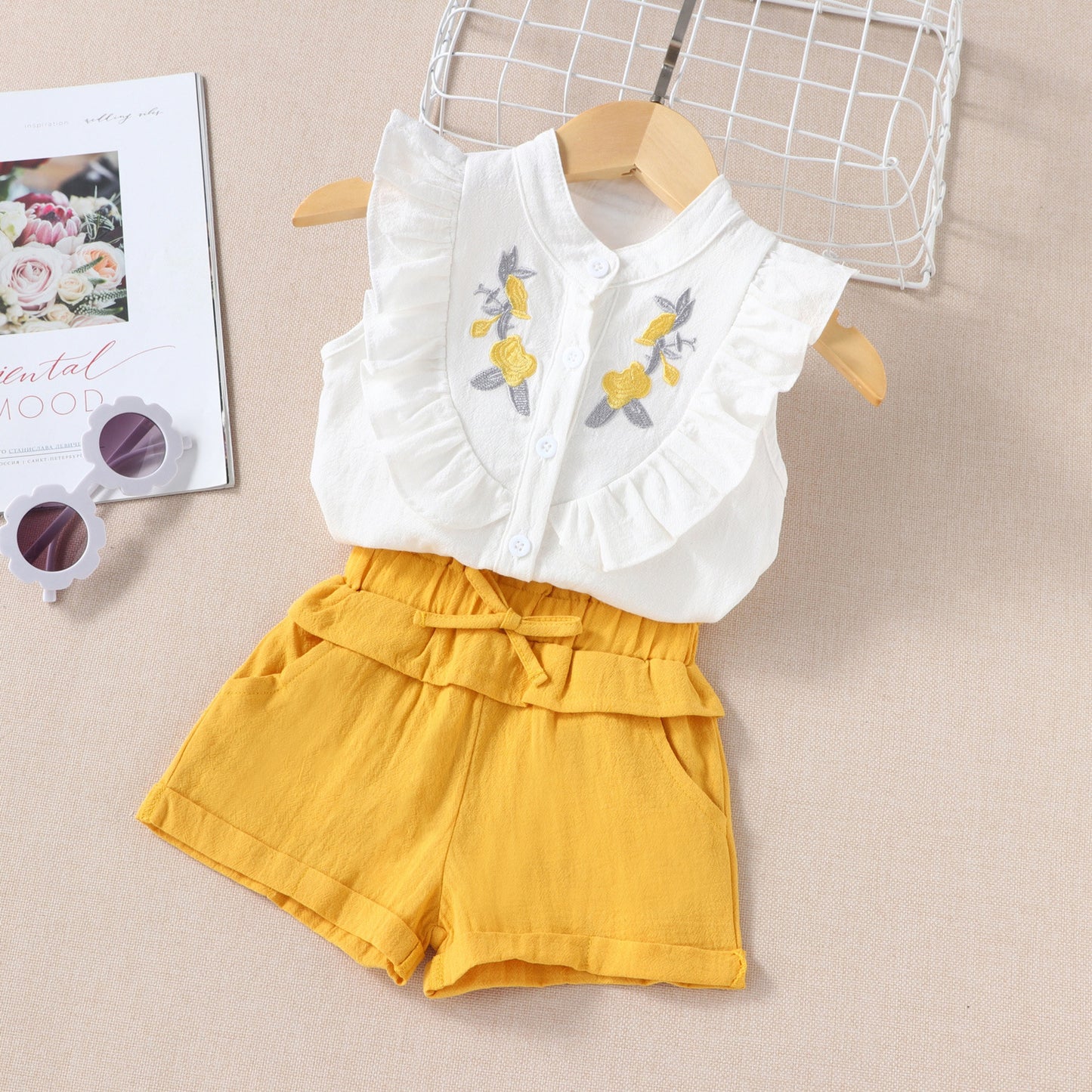 Childrens Sleeveless Embroidered Shirt Top Shorts Two-piece Set