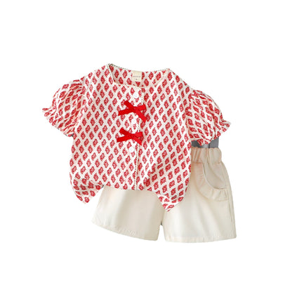 Girls' Short-sleeved Printed Top And Shorts Two-piece Set