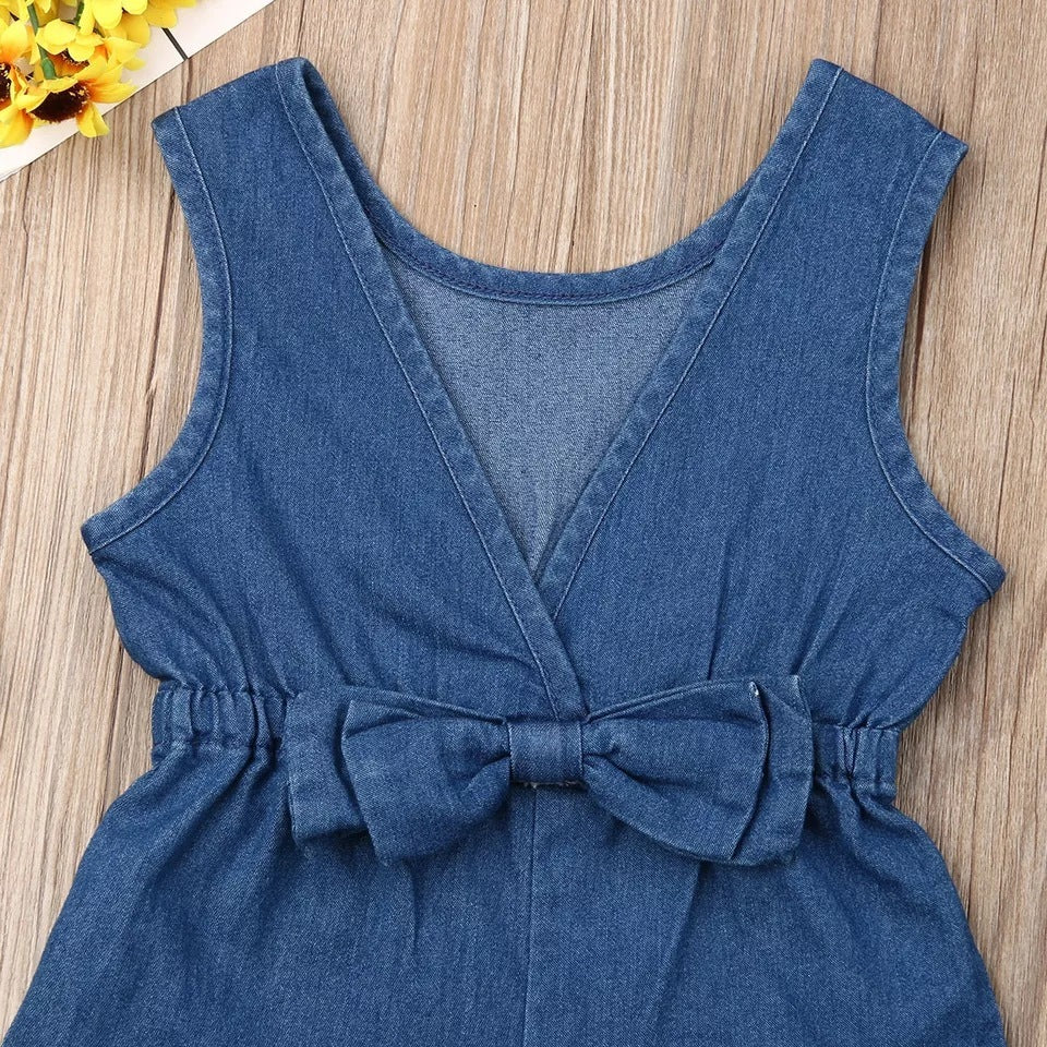 Girls' Cotton Denim Bowknot Jumpsuit