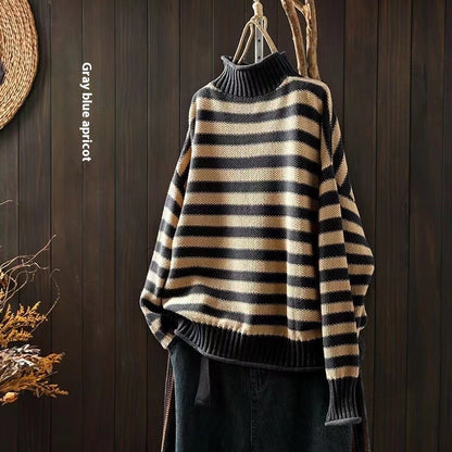 Striped Contrast Color Mock Neck Sweater