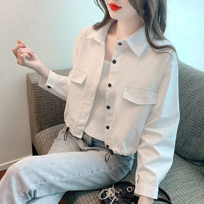 Korean Version Of Everything Loose Simple Drawstring Design Sense Long-sleeved Casual Shirt Short Top