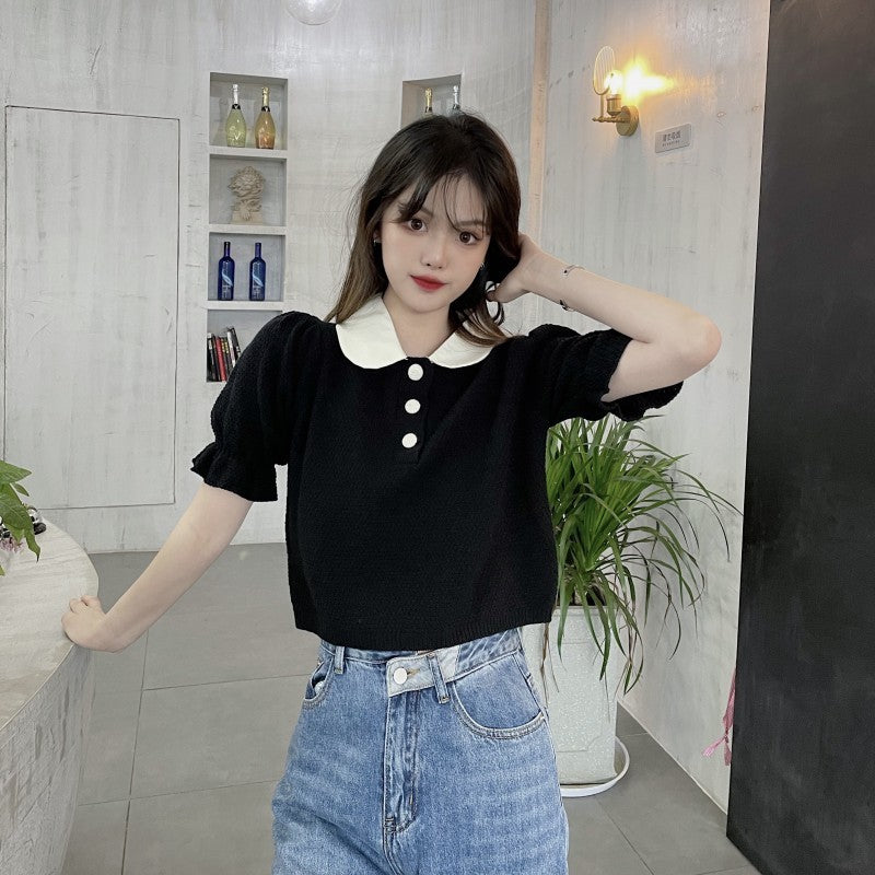 Doll Collar Puff Sleeve Sweater Women Polo Collar Retro Half-Sleeved Loose Crop Top