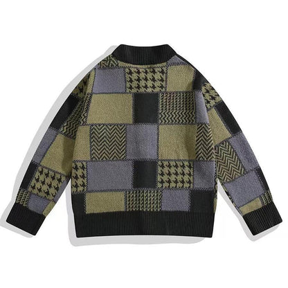 Mens Plaid Cardigan Knitted Sweater