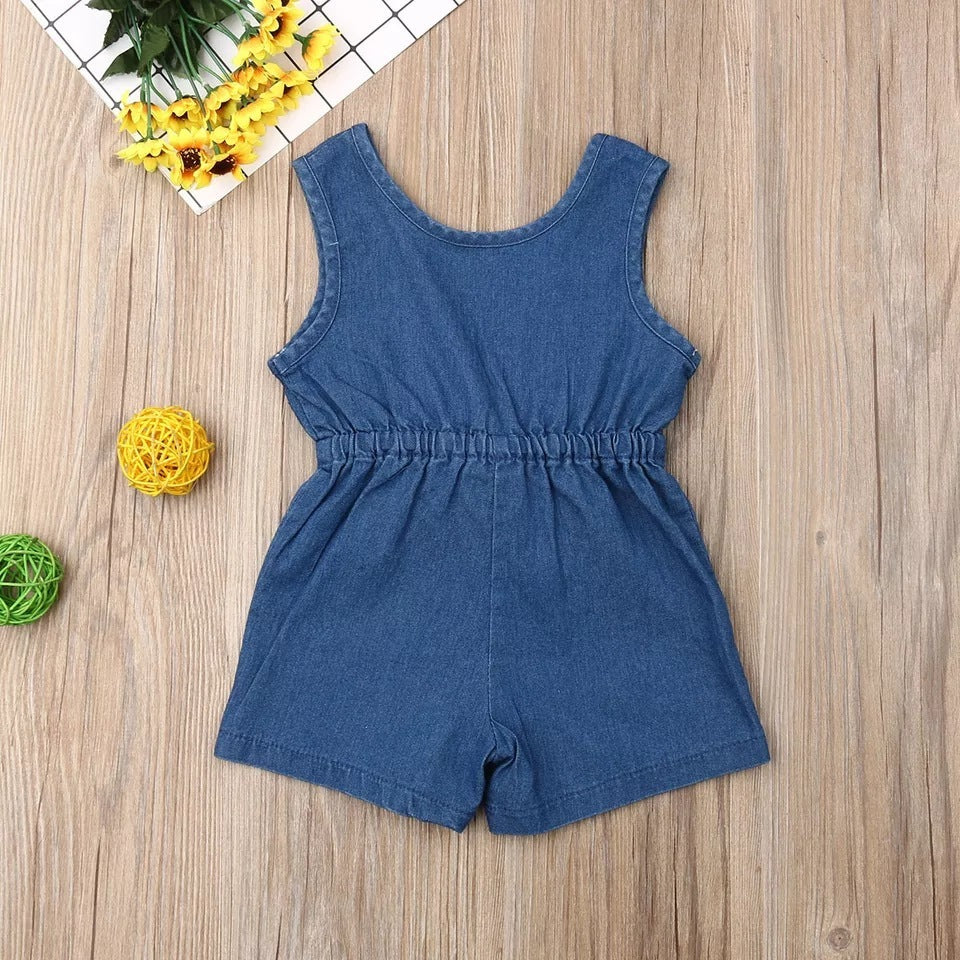 Girls' Cotton Denim Bowknot Jumpsuit