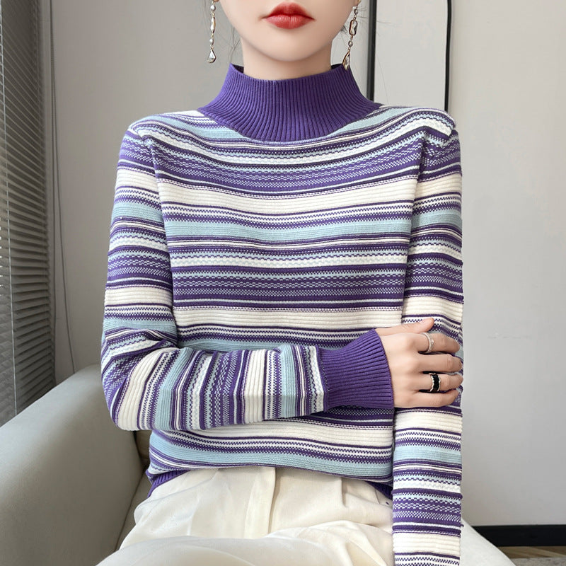 Mock-neck Stripes Wool Knitted Pullover Thick Sweater