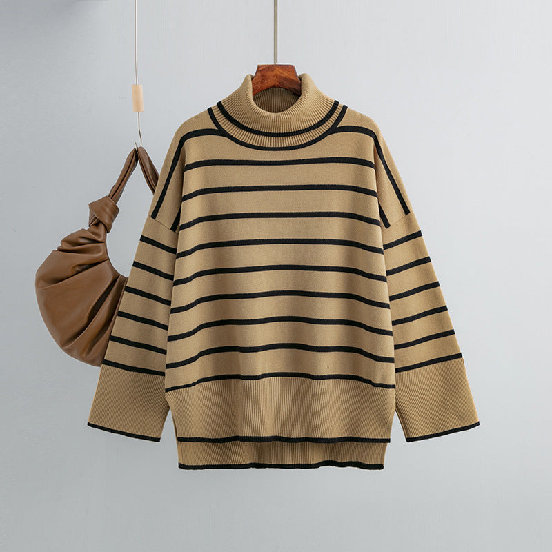 Womens Loose Casual Striped Turtleneck Sweater