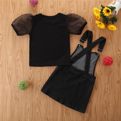 Girls' Short-sleeved Suit Puff Sleeve Black T-shirt