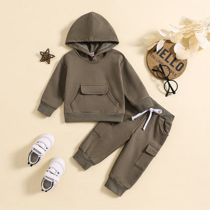 Solid Color Hooded Sweater With Pockets Overalls Suit Two-piece Set