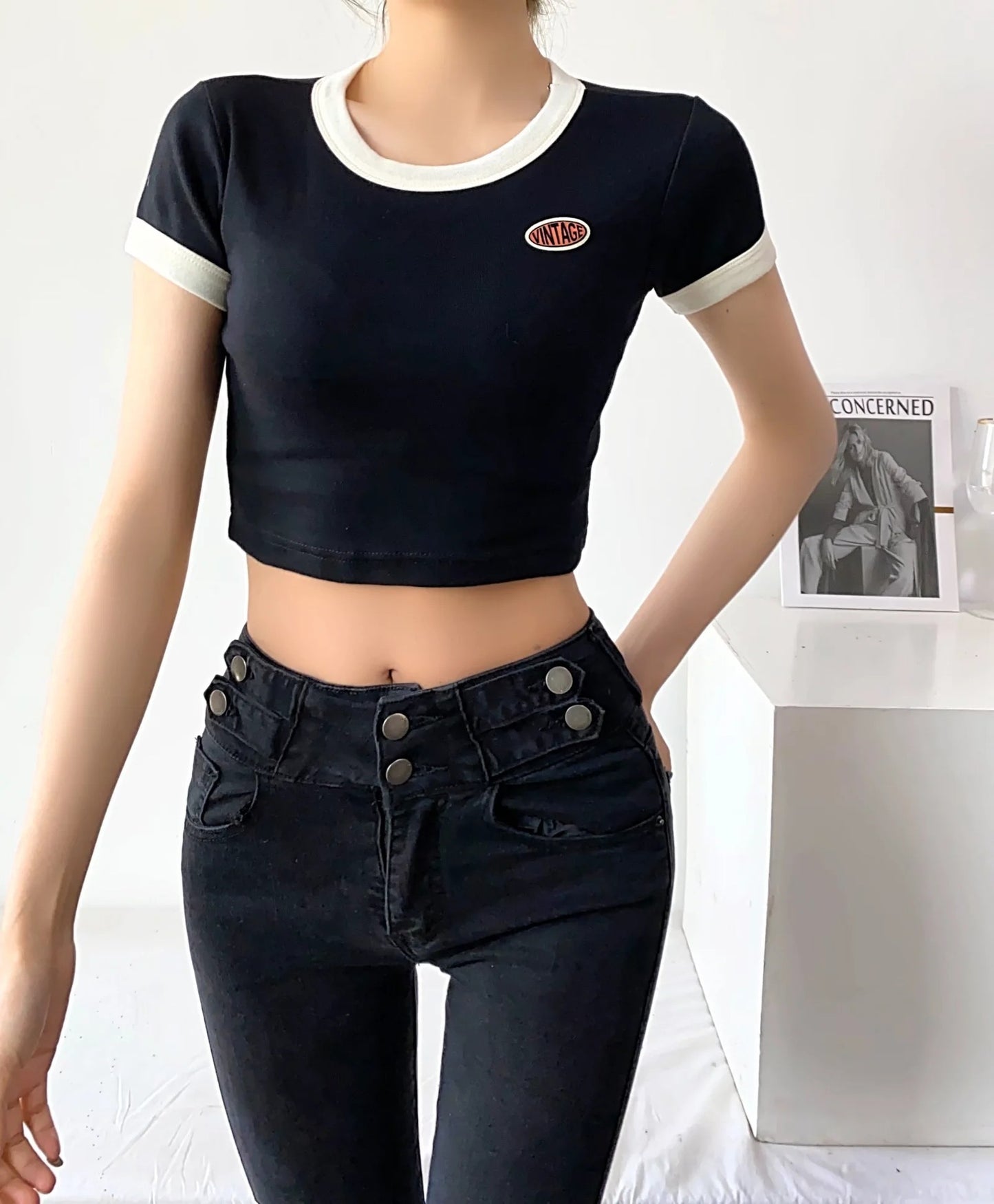 T-shirt In Contrast Color Women's Short High Waist Slim Top