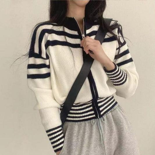 Short Long Sleeve Striped Sweater Sweater Coat