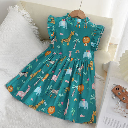 Childrens Flying Sleeve Cartoon Print Dress