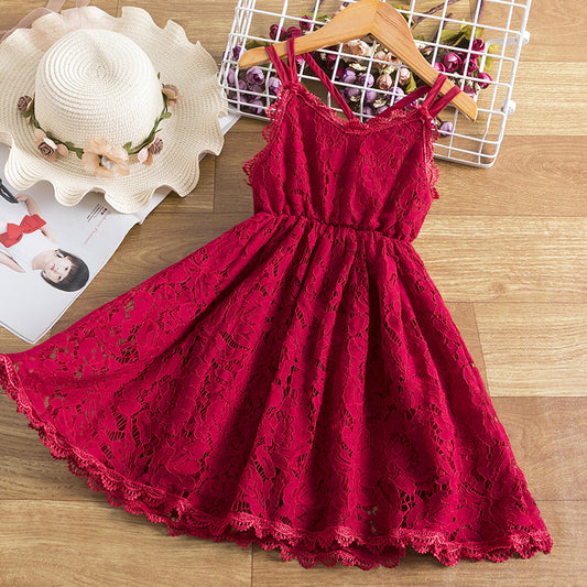 Children's Embroidered Skirt Lace Dress With Suspenders