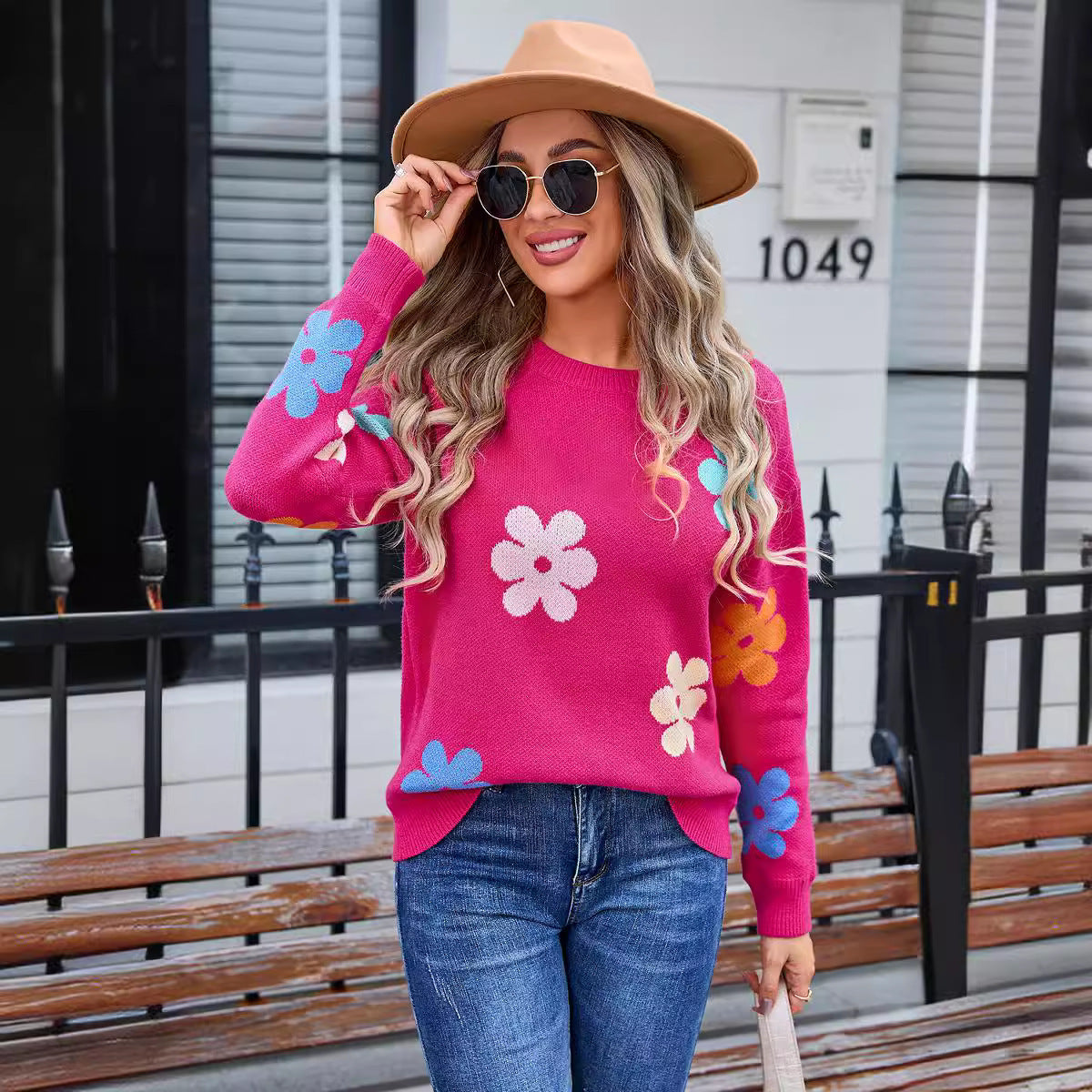 Women's Sweater Flowers Color-block Crew Neck