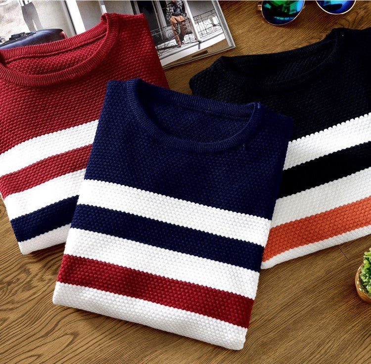 Mens Round neck striped knit sweater