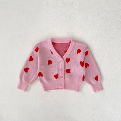 Children Pink Heart-shaped Knitted Cardigan Sweater