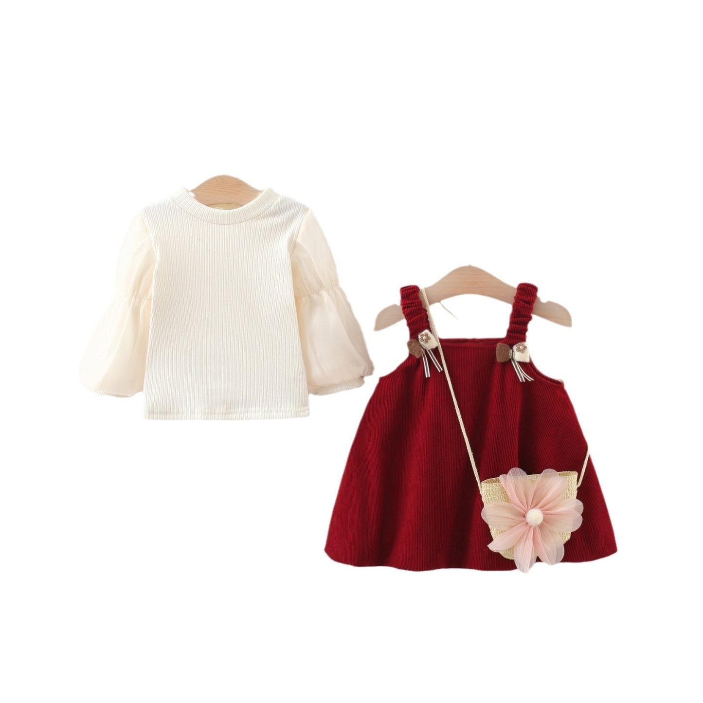 Girls Long Sleeve Bowknot Corduroy Suspender Skirt Outfit