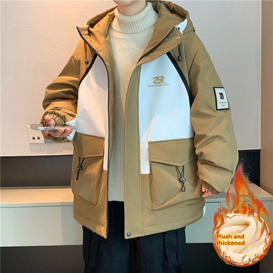 Mens Fleece-lined Thickened Hooded Coat Jacket