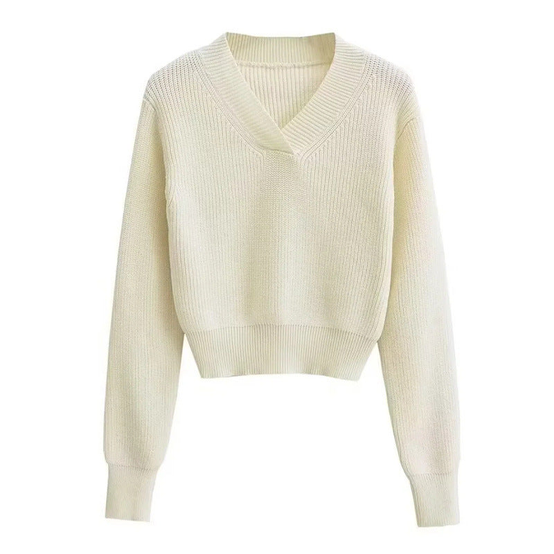 V-neck Thick Needle Pullover Cropped Sweater Autumn And Winter Women