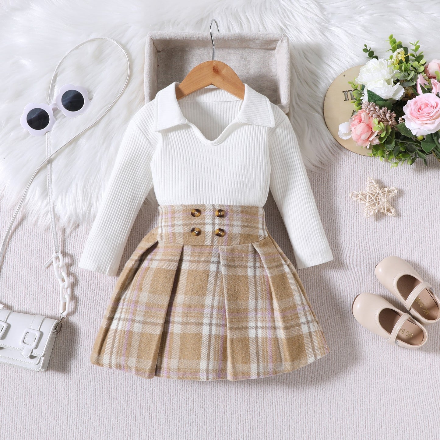 Children Striped Long Sleeve With College Style Plaid Pleated Short Skirt Two-piece Suit