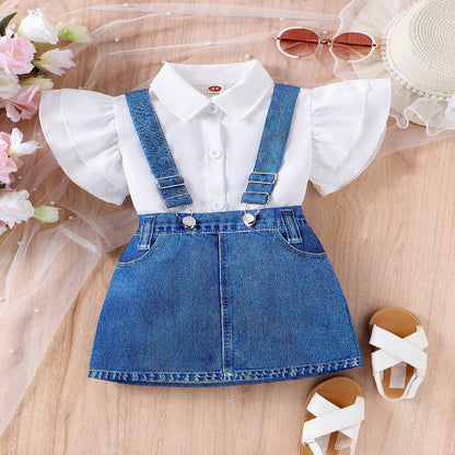 Flounced Sleeve Top Suspender Skirt Children's Fashion Suit