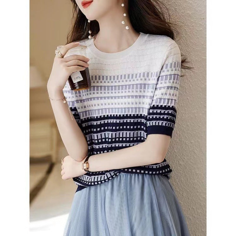 Women's Round Neck Contrast Color Jacquard Plaid Short-sleeved Sweater