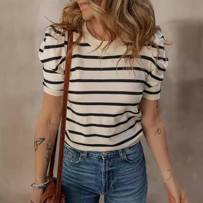 Women's Short Puff Sleeve Knitted Top Striped T-shirt