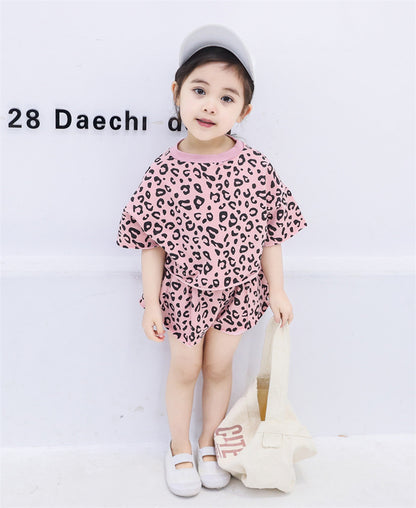 Girls Short-sleeved Shorts Treasure Leopard Print Two-piece