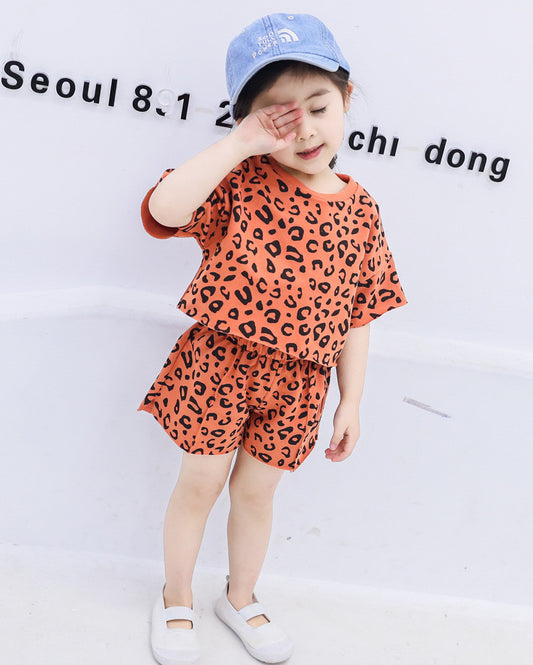 Girls Short-sleeved Shorts Treasure Leopard Print Two-piece