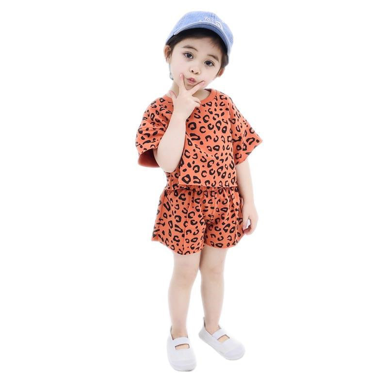 Girls Short-sleeved Shorts Treasure Leopard Print Two-piece