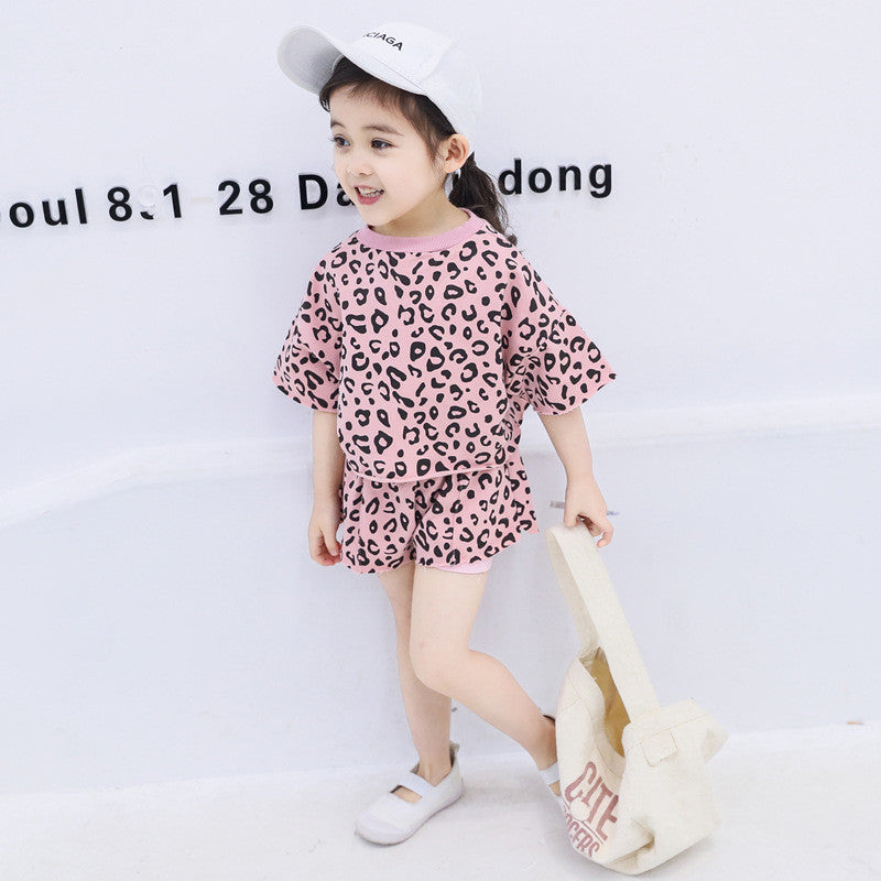 Girls Short-sleeved Shorts Treasure Leopard Print Two-piece