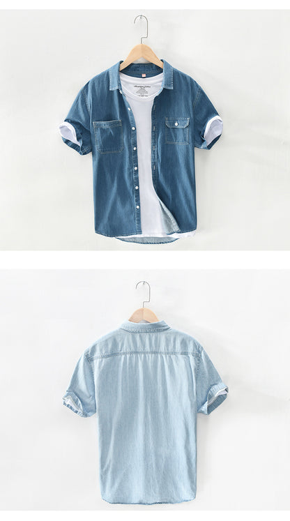 Mens Denim Shirt Short-sleeved Cotton