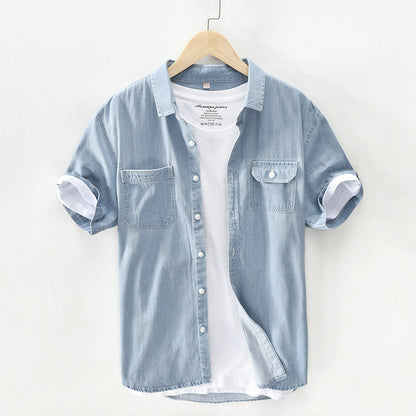 Mens Denim Shirt Short-sleeved Cotton