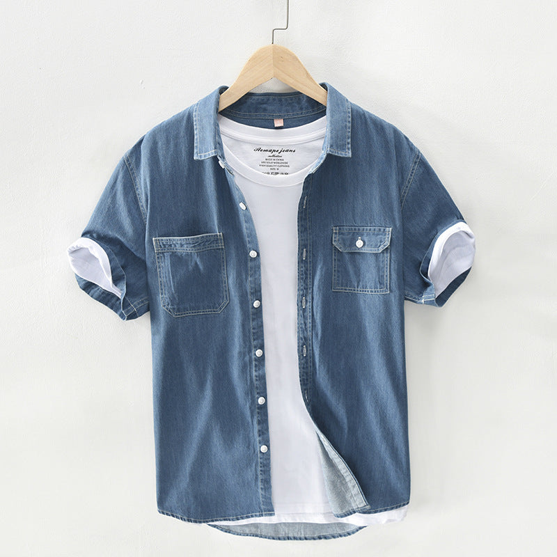 Mens Denim Shirt Short-sleeved Cotton