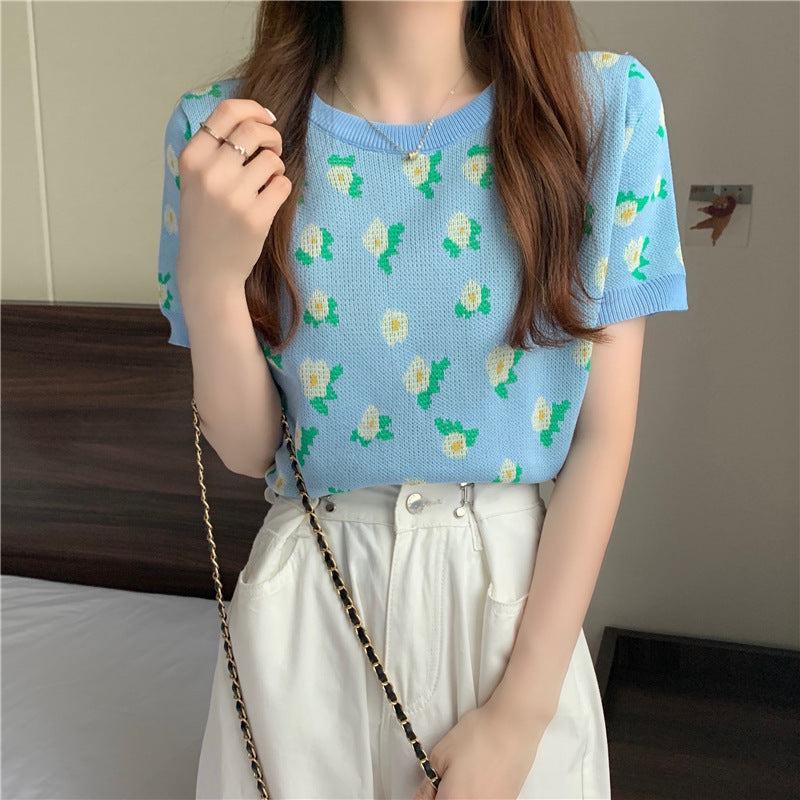 Retro Design Niche Flower Thin Knit Sweater Short Short Sleeve T-shirt Women