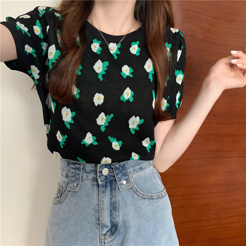 Retro Design Niche Flower Thin Knit Sweater Short Short Sleeve T-shirt Women