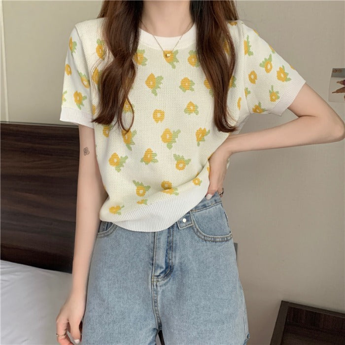 Retro Design Niche Flower Thin Knit Sweater Short Short Sleeve T-shirt Women