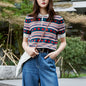 Womens POLO Collar Striped Sweater Short Sleeve T-shirt