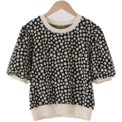 Summer Western Style Age Reduction Round Neck Pullover Loose Puff Sleeve Small Daisy Sweater T-shirt Top Women