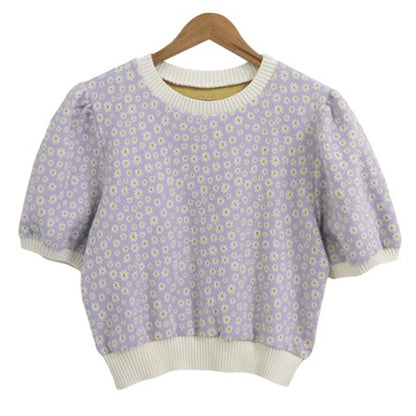 Summer Western Style Age Reduction Round Neck Pullover Loose Puff Sleeve Small Daisy Sweater T-shirt Top Women