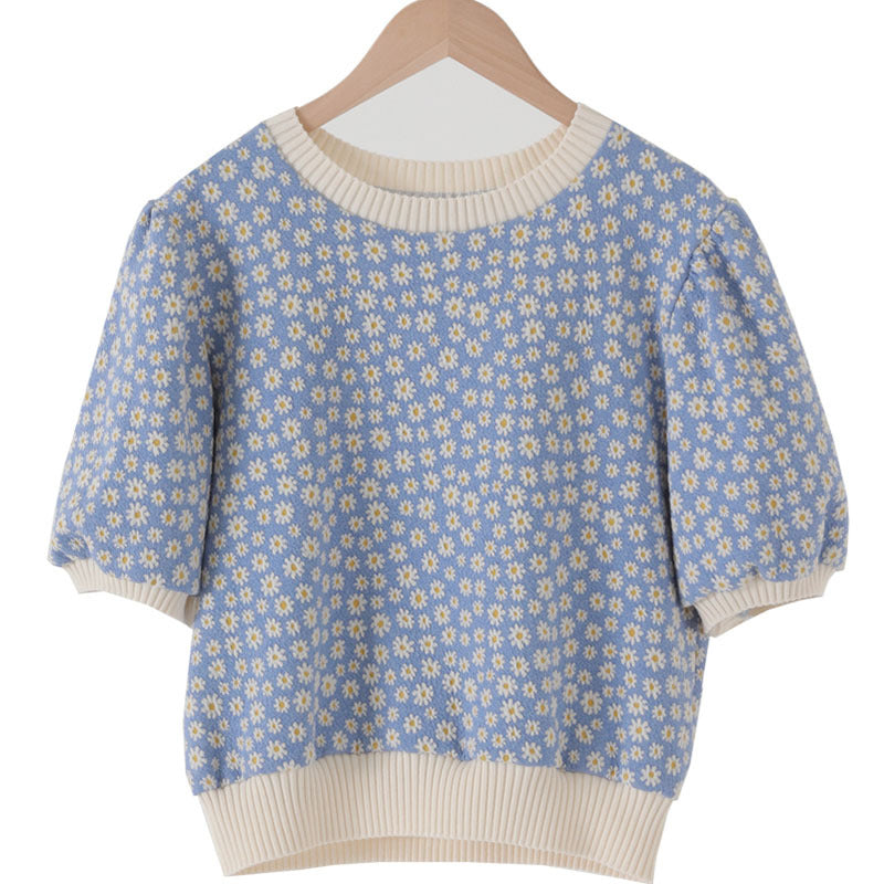 Summer Western Style Age Reduction Round Neck Pullover Loose Puff Sleeve Small Daisy Sweater T-shirt Top Women