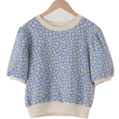 Summer Western Style Age Reduction Round Neck Pullover Loose Puff Sleeve Small Daisy Sweater T-shirt Top Women