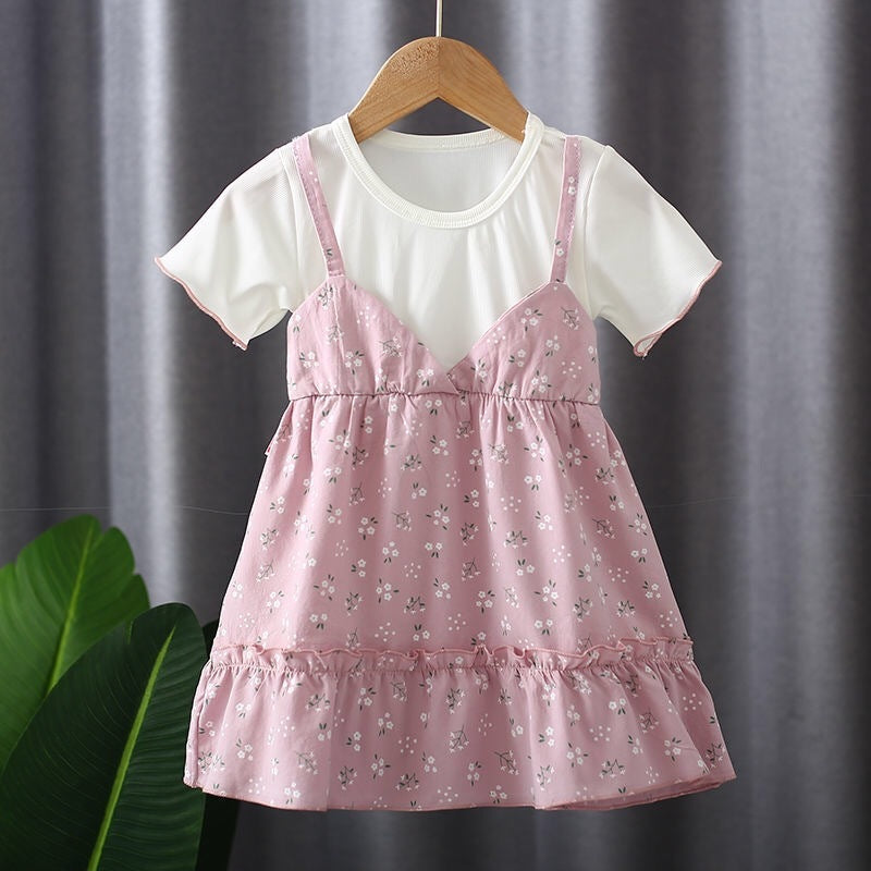 Girls' Dress Round Neck Two-piece Suspender Skirt