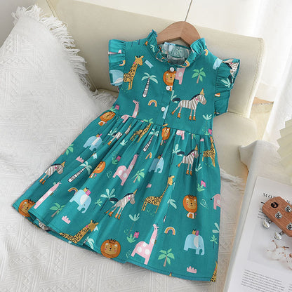 Childrens Flying Sleeve Cartoon Print Dress