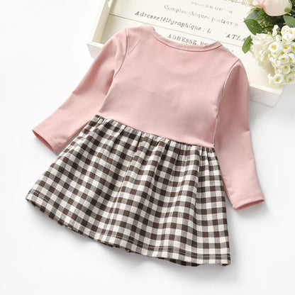 Factory Autumn Rivet Plaid Long Sleeve Children Girl Dress Girl Fake Two-piece Lace Princess Dress