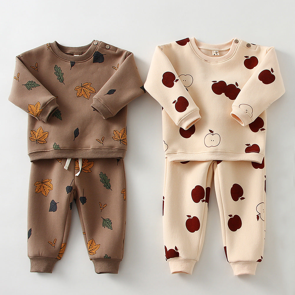 Baby Printed Fleece Pullover Pants Casual Suit