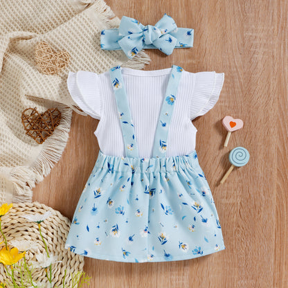 Sunken Stripe Cotton Short-sleeved Flower Suspender Skirt Infant Suit