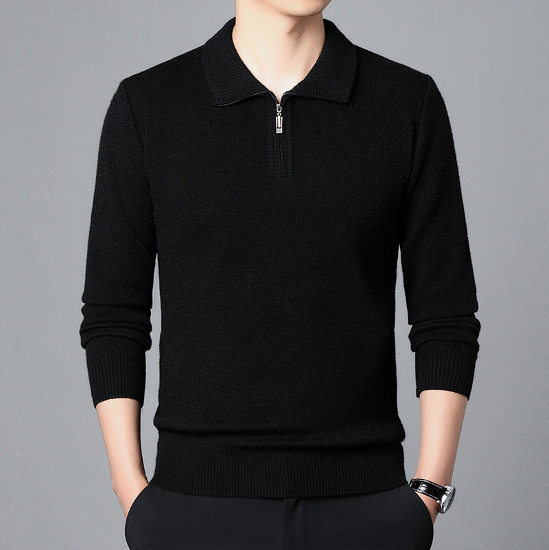 Men's Lapel Pullover Long Sleeve Knitted Sweater-100% Wool