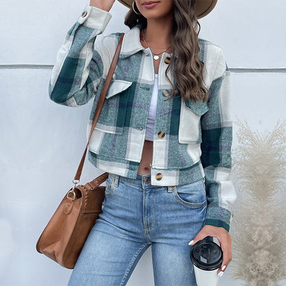 Womens Plaid Lapel Cropped Jacket